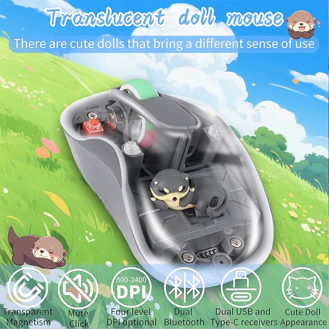 elec Space Cute Wireless USB C Mouse - Bluetooth Triple Mode Rechargeable Cartoon Mouse for Laptops, iPads & MacBook Air/Pro - Silent Operation, Portable Design, Unique Magnetic Character (Grey)