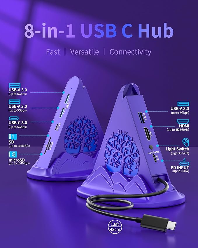 USB C Hub, 8-in-1 USB Hub with 4K@30Hz HDMI, 100W PD, 5Gbps USB-Ax3 & USB-Cx1, SD/TF Card Reader. RGB Gaming Hub, Dark Purple Desk Accessory for Women, Compatible with MacBook, XPS, Surface, etc.