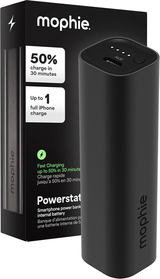 Mophie Powerstation Mini 5,000mAh Portable Power Bank (Gen 3) – Ultra-Fast USB-C PD, 20W Output, Up to One Full Phone Charge, Pocket-Sized, LED Indicator, Includes USB-C Cable, Black
