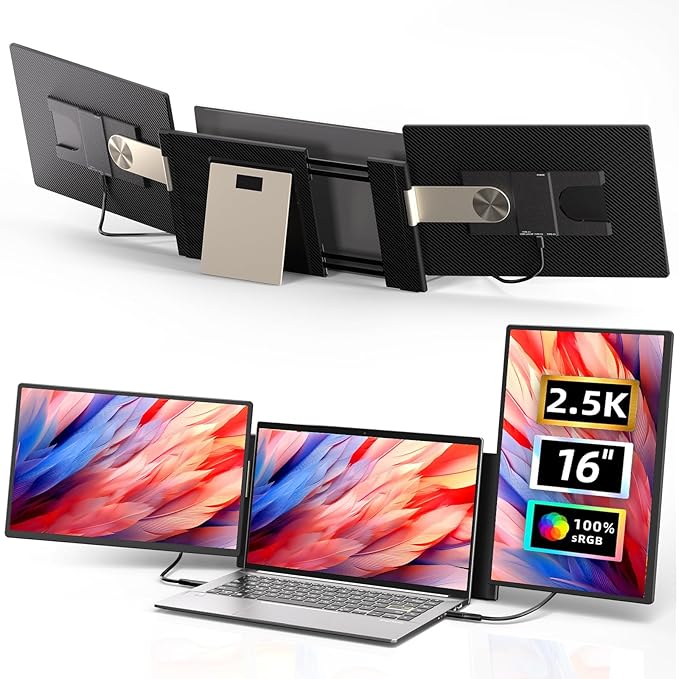 Laptop Screen Extender 2.5K Monitor - 16" Triple Portable Monitor 2560x1600P QHD 100% sRGB IPS 235° Rotation Detachable Screen Design Extra Compatible with Mac Wins Dex Chrome Fits 13"-17" Laptops