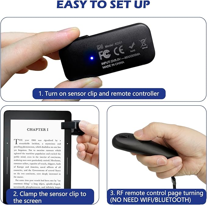 Remote Control Page Turner for Kindle Paperwhite Oasis Scribe Kobo, RF Page Turner Clicker for Kindle Device iPhone iPad Tablets, Novels Ereader Accessories with Wrist Strap Storage Bag