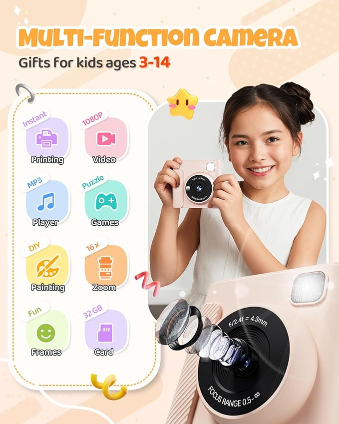 Kids Instant Print Camera, Christmas Birthday Gifts for Girls and Boys, 1080P HD Video Digital Kids Camera with Print Paper & 32G Card, Toddler Toy for 3-14 Years Old (Brown)