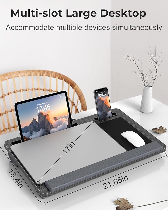 Lap Desk - Up to 17” Laptop Tray with Wrist Rest, Portable Handle, Fixed Mouse Pad, Tablet & Phone Slots, Laptop Stand for Bed with Cushion (Black)