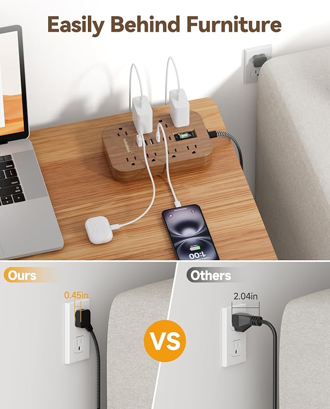 Walnut Extension Cord with Multi Ports - 5 FT Flat Braided Power Strip, 1625W Tan Extension Cord with 6 AC Outlet 3 USB, Compact for Brown Tan Wood Walnut Grain Distinctive Vintage Desk Accessories