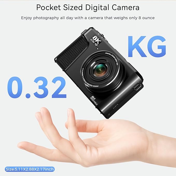8K Digital Camera for Photography, 88MP Vlogging Camera for YouTube with 3" 180° Flip Screen, 18X Digital Zoom Point and Shoot Cam with 32GB Micro SD Card for Beginner (Gunmetal)