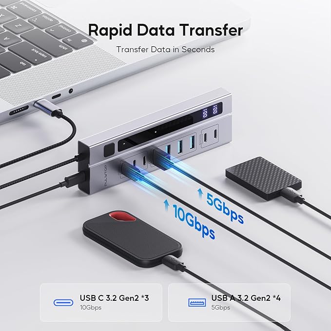 9 in 1 Powered USB C Hub, USB 3.2 Data Hub with 65W PD Power Adapter, 3 USB-C 10Gbps, 4 USB-A 5Gbps, 2 24/45W Type-C PD Charging Ports USB Hub