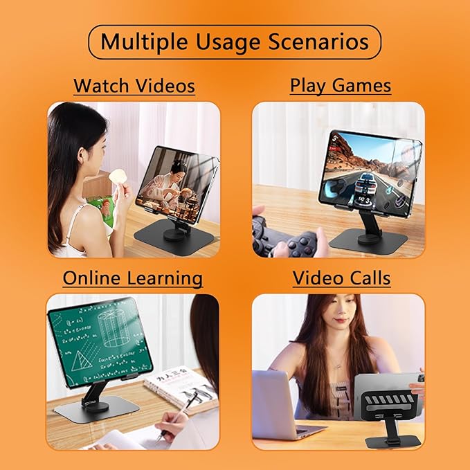 Larger Metal Tablet Stand, Adjustable 360° Rotation Tablet Holder Compatible with 4-16" Tablet Such as iPad Pro, iPad Air, iPad Mini, Tab S10 Ultra, Black