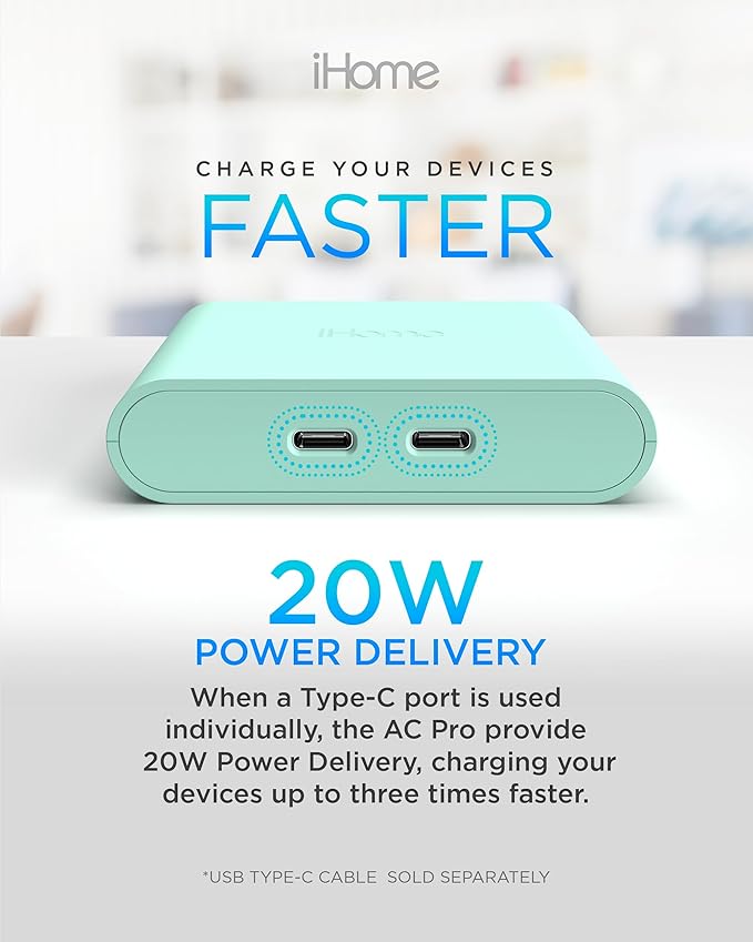 iHome Multiport 40W USB-C Charger, AC Pro 2-Port Flat Block, Dual Fast Charging Wall Adapter