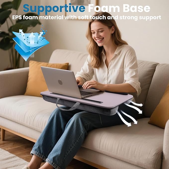 Lap Desk, Portable Lap Desks Fits Up to 16'' Laptop with Pillow Cushion Laptop Desk with Wrist Rest Lap Stand with Tablet or Phone Storage Slot for Bed Couch Carpet Home Office Livingroom (Pink)