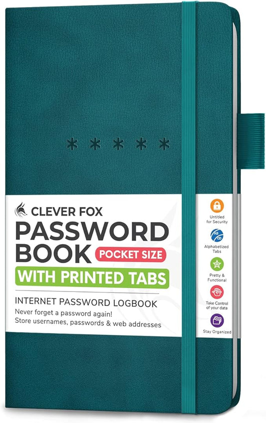 Clever Fox Password Book – Alphabetized Internet Address & Password Organizer - Computer & Website Password Keeper Notebook – Log-In Password Journal – Pocket, 6.2x3.5″, Hardcover (Dark Teal)