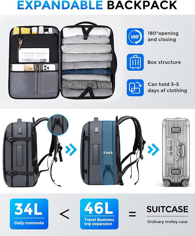 17.3 Inch Travel Laptop Backpack for Men, Water Resistant Carry On Backpack with USB Port, Expandable Computer Daypack, Grey Business Backpack for College/Work