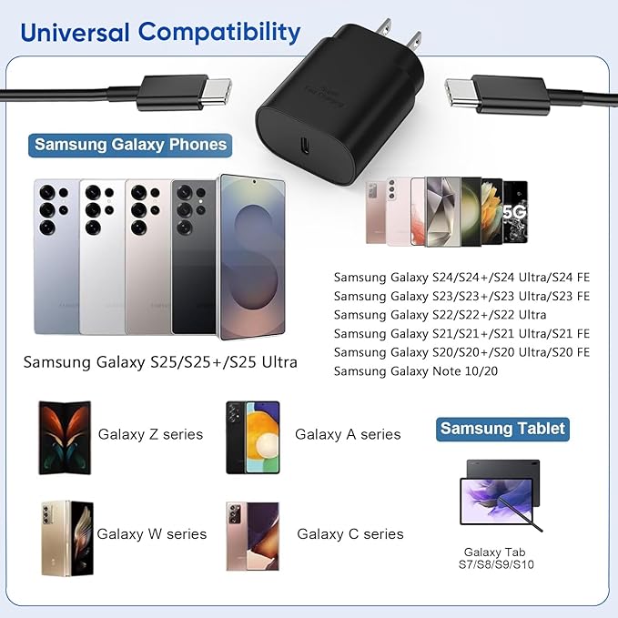 10FT Samsung Fast Charging Type C,2Pack 25W 10Foot Long Android Type C Phone Charger Block USBC to USBC Cable Fast Charging for Samsung Galaxy S25 Ultra/S25/S25+/S24+/S24 Ultra/S24/S23/iPhone 17 16 15