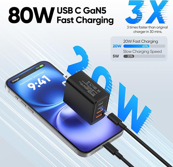 [2-Pack] USB C Wall Charger,80W 4-Port Type C Fast Charging Block,USBC Multiport Wall Plug PD&QC GaN Charging Cube with USB C Cable for iPhone 17/16/15/14/13/12/11/Pro Max/XS/XR, iPad, Samsung（Black