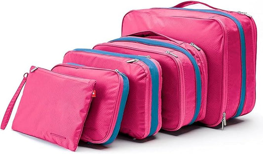 Bee Nesting BeeNesting Waterproof Compression Packing Cubes 5/6/8 sets, Large Travel Packing organizers for Carry on Luggage, 2 Sides Expandable Storage Bags (Pink, G5set)