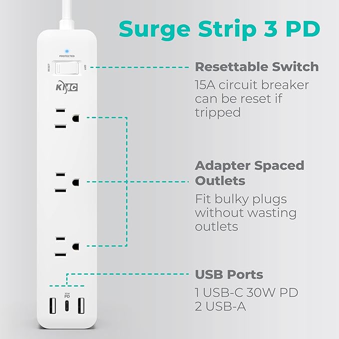 KMC USB-C PD Surge Protector 3-Outlet Power Strip, 30W Power Delivery USB-C Port, 2 USB-A Ports, 980J Surge Protection, 6-Foot Extension Cord, White