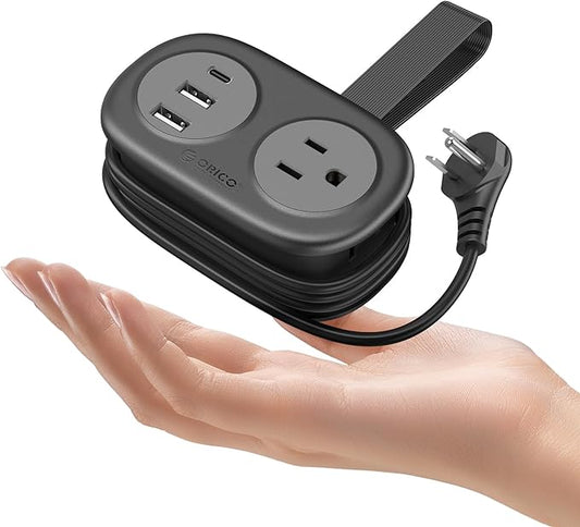 ORICO Travel Power Strip with USB Ports, 3.7 ft Extension Cord with 2 AC Outlets 3 USB Ports (1 USB-C), Flat Plug Power Strip with USB C Cruise Travel Must Haves - Black