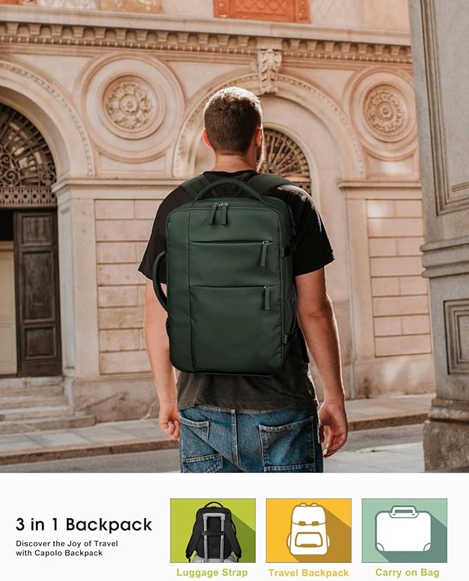 Capolo Travel Backpack for Women Men Waterproof Laptop Backpack Airlines Approved Carry On Backpack Bag Computer Bookbag for Business, Work, Traveling Fits 15.6 Inch Laptop(Green)