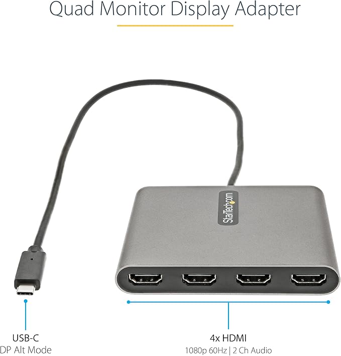 StarTech.com USB C to Quad HDMI Adapter, USB-C to 4x HDMI Monitor Converter for Windows, TAA (no support for macOS/ChromeOS/Linux)