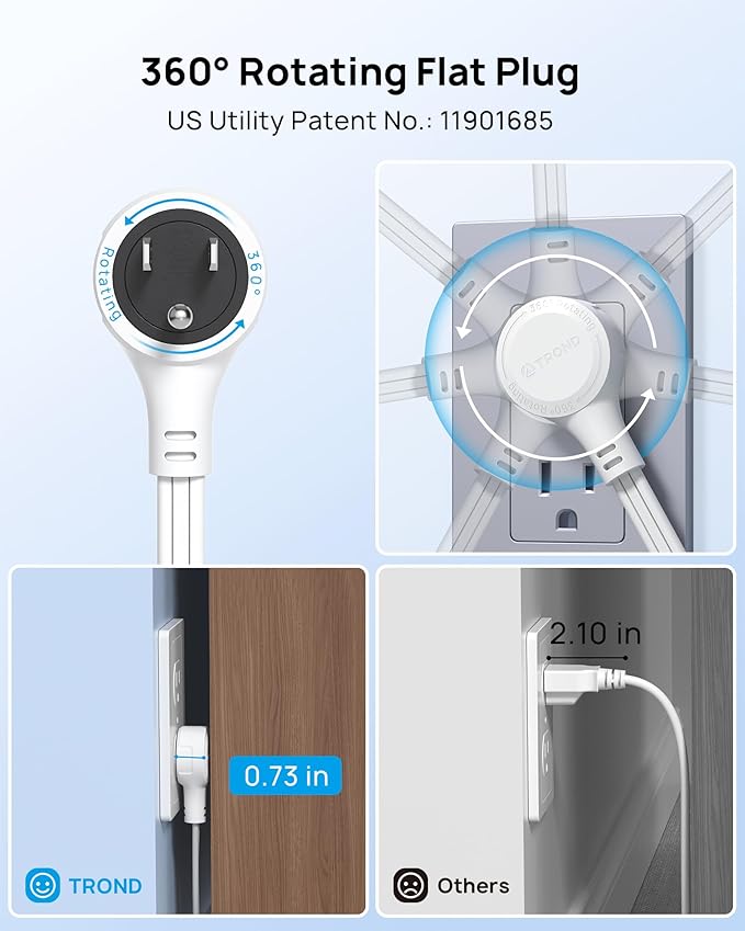 TROND 360° Rotating Flat Plug Power Strip, 10ft Extension Cord with 6 Widely Spaced Outlets, 2 USB A and 1 USB C, Wall Mountable, 1440J Surge Protector for Home Travel Office Dorm Essentials, White