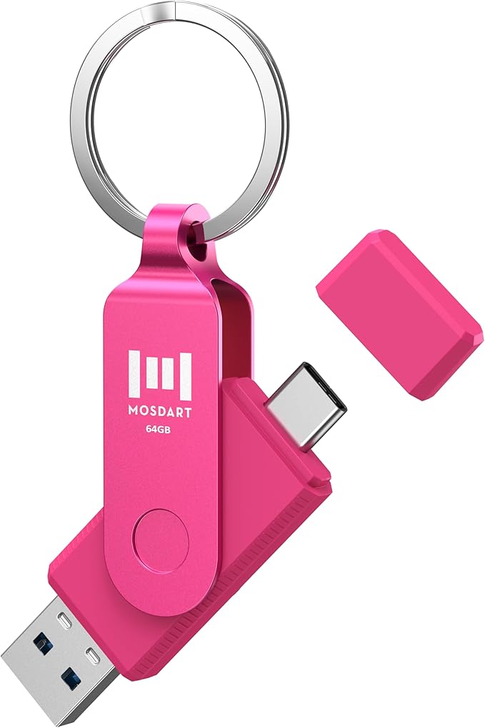 MOSDART 64GB USB3.1 Fast Speed C and A Dual Flash Drive, exFAT Memory Stick with Keychain and LED Indicator, for iPhone 15 and 16, Android Phone, iPad, MacBook, and Other Laptops, Hot Pink