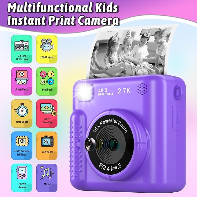 Kids Camera Instant Print, Christmas Birthday Gifts for Girls Boys Age 3-12，HD Selfie Kids Digital Camera, Portable Travel Toy for 3 4 5 6 7 8 9 10 Year Old Girls (Purple)