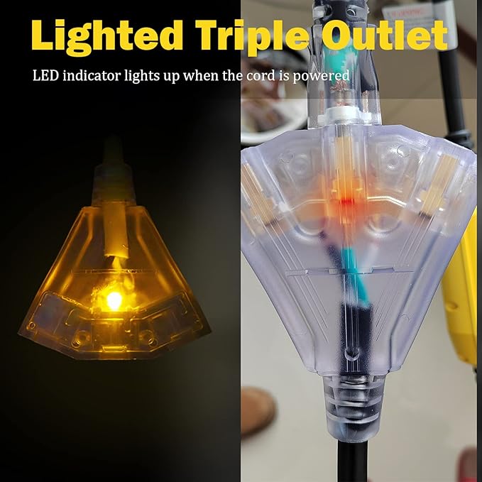 EP 3 Ft Lighted GFCI Extension Cord with 3 Electrical Power Outlets - 12/3 SJTW Heavy Duty Black Pigtail Extension Cable with 3 Prong Grounded Plug for Safety, UL Listed