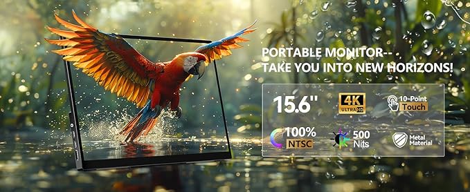 4K Portable Touch Monitor, 15.6" inch 3840 * 2160 UHD w/USB-C HDMI Laptop Monitor, 2000:1 100% RGB IPS ，Aluminum Alloy Shell,10-Point Touch，Dual Speaker, HDR, for Home, Work