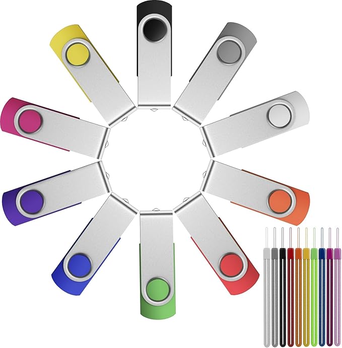 FEBNISCTE 16GB Flash Drive,Thumb Drive 10 Pack,Memoria USB 2.0 Multi-Coloured, USB Thumb Drive 16gb Swivel mit 10 Cords Jump Drive Stick with LED Light for Data Storage/Transfer