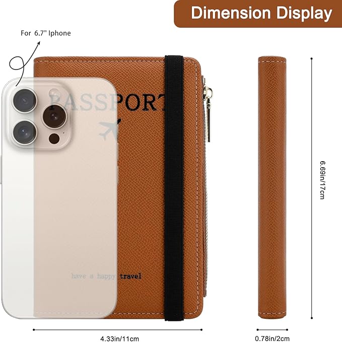 DOB SECHS Leather Passport Holder for Travel Women Slim Passport Wallet RFID Blocking Passport Cover Case with Card Slots, Travel Document Organizer Pouch Bag Zipper Cash Pocket Purse+ID Window, Brown