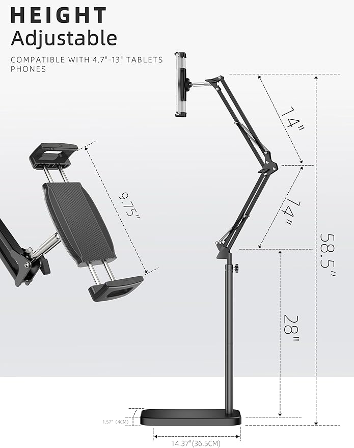 Tablet Floor Stand with 11lb Stable Base - Adjustable Height Stretchable Arm Swivel Holder Mount, Compatible with iPad Pro Air Mini 12.9/9.7, Kindle, Galaxy Tab, Cell Phones (4.7''-13'')
