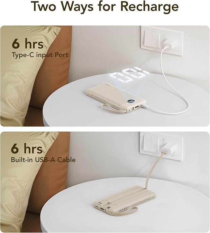 VRURC Portable Charger Power Bank,10000mAh Travel Essentials Battery Pack, 5 Outputs 2 Inputs Slim USB C Charging Bank Built-in Cables Cords Compatible with iPhone,Samsung,Android-Light Coffee(1 Pack)