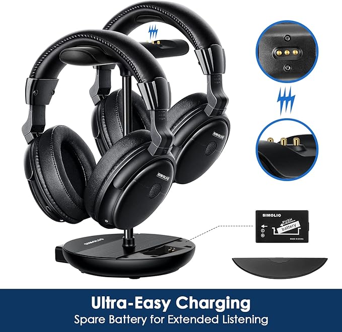 SIMOLIO Dual Wireless Headphones for TV Watching w/ 2.4G Transmitter & Charging Stand & Spare Battery, Dialog Clarifying, By-pass, Tone & Balance Control, Clear Voice for Seniors, 100FT Range, SM829D2