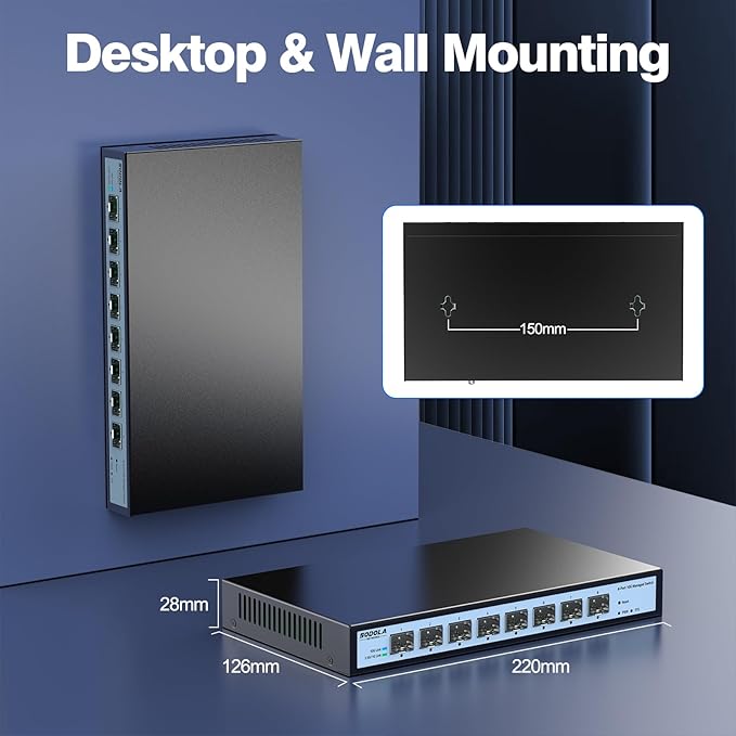 8 Port 10G Web Managed Switch, 8X10G SFP+ Ports, Link Aggregation/QoS/VLAN/IGMP, Wall Mounted Fanless 10Gb Multi-gig Network Switch（SFP Ports Only