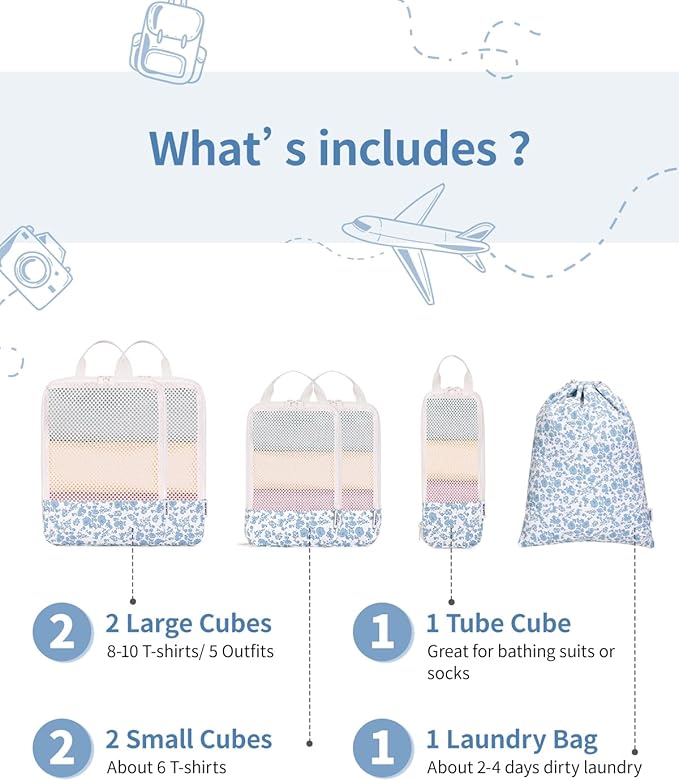 Narwey 6 Set Compression Packing Cubes for Travel Kids Women Carry on, Packing Organizers Bag for Backpack Luggage Suitcase Duffle Bags