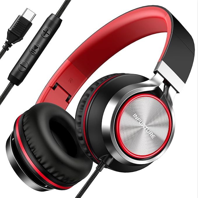INFURTURE USB C Headphones with Mic,Volume Control,Tangle-Free Plaiting Line,Type C Headphones Wired,Lightweight Foldable for iPhone 15/16 Headphone Series/Tablet/School/Travel/Sports/Audiobooks