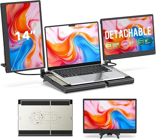 Laptop Screen Extender, 14" FHD 1080P Laptop Monitor Extender, Stretchable Base and Detachable Screen, Plug & Play, Triple Screen Extender Compatible with Windows, Mac, Chrome