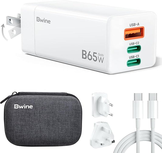 Bwine 65W USB C Charger,3-Port Fast Charging Blocks, Universal Travel Adapter Kit,Compatible with iPhone17/Pro,Galaxy S24,Note 20/10+,iPad and More(4ft USB-C Cable,UK/EU Conversion Plug Includes)