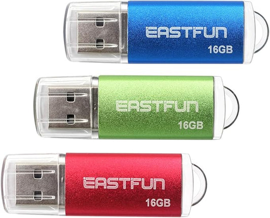 EASTFUN 3 Pack 16GB USB 2.0 Flash Drive Memory Stick Thumb Drive Thumb Stick Jump Drive Zip Drive Pen Drive,with LED Indicator,3 Pcs Colors:Red/Green/Blue