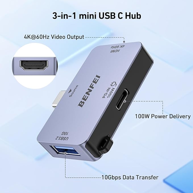 BENFEI USB C Hub 3-in-1, Super Compact, USB-C to HDMI 4K@60Hz, 10Gbps USB-A, 100W Power Delivery Compatible with iPad Pro, MacBook Pro/Air, iMac, iPhone 16/15 Pro/Pro Max, XPS, Thinkpad and More