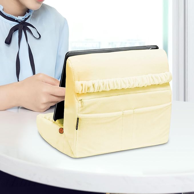 MOSISO Tablet Pillow Stand,Soft Tablet Holder for Lap,Tablet Soft Pad Dock with Pockets&Stylus Slot&4 Viewing Angles Compatible with iPad Pro 12.9,11,10.5,9.7,Air Mini 6,5,4,3, E-Reader, Pastel Yellow