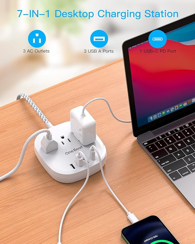 PD 20W USB C 3 Outlet 4 USB Ports Flat Plug Power Strip No Surge Protector for Cruise Ship Travel, 5 ft Long Extension Cords, Power Delivery, Desktop Power Strip for Dorm Home Office