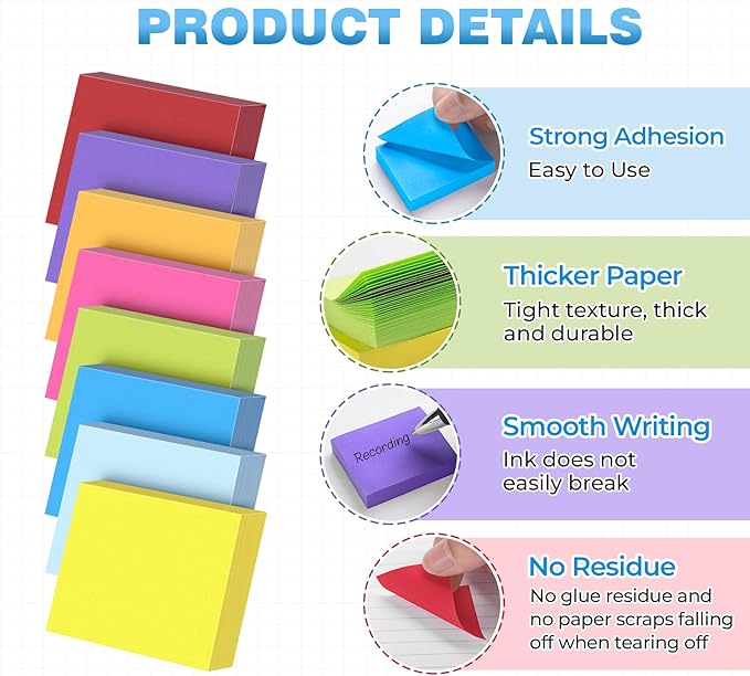 1.5 x 2 in Sticky Notes Mini,1600 Sheets Small Sticky Pads,16 Pads Bright Colors Self-Stick Pads,100 Sheet/Pad Colorful Bulk Tiny Pads Ideal for Office,Home,School,Meeting,Notebook Supplies
