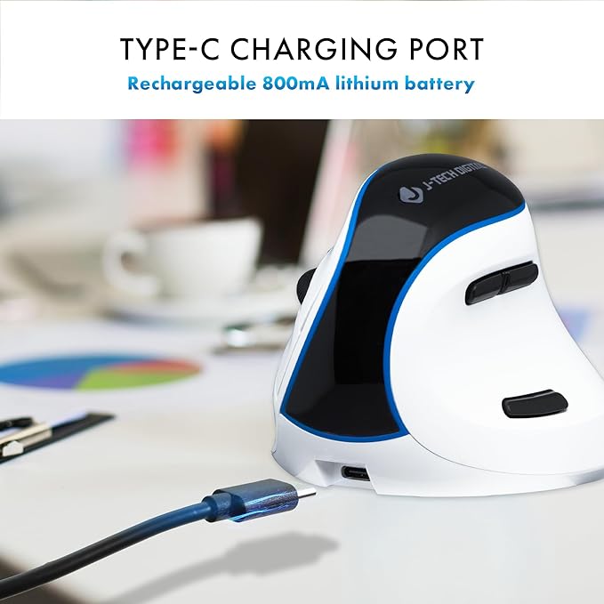 J-Tech Digital Wireless Mouse, Vertical Ergonomic Mouse with Bluetooth Dual Modes + USB Dongle + Rechargeable w/ 2.4GHz Wireless + Adjustable DPI 3200 for Laptop, Desktop, PC, Mac [V638W], White