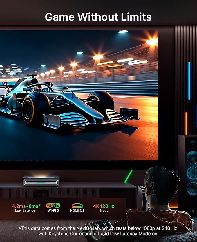 NexiGo Aurora Pro MKII, 4K Tri-Color Laser UST Projector, 30000:1 Contrast Ratio, Dynamic Iris & Laser Dimming, 0.21:1 Throw Ratio, Dolby Vision & Atmos, HDR10+, 3D, 4.2ms ~ 8ms Low Latency