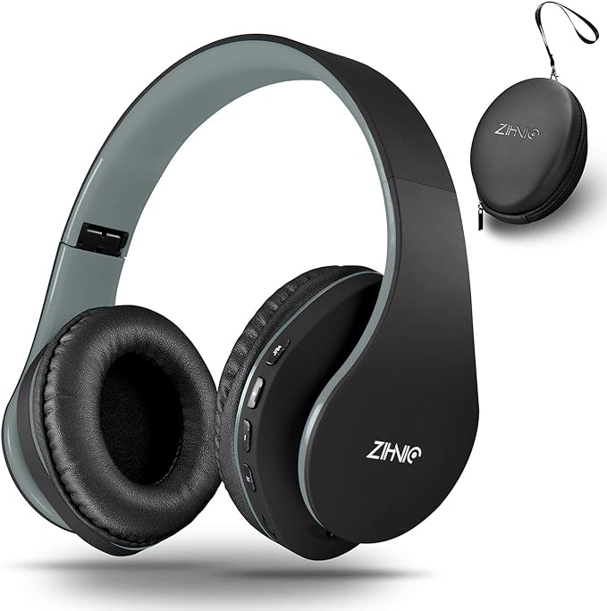 ZIHNIC Bluetooth Headphones Over-Ear, Foldable Wireless and Wired Stereo Headset Micro SD/TF, FM for Cell Phone,PC,Soft Earmuffs &Light Weight for Prolonged Wearing(Black/Gray)