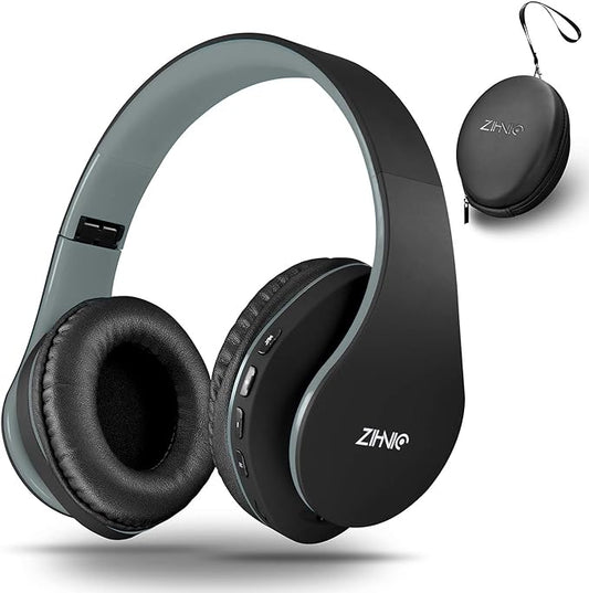 ZIHNIC Bluetooth Headphones Over-Ear, Foldable Wireless and Wired Stereo Headset Micro SD/TF, FM for Cell Phone,PC,Soft Earmuffs &Light Weight for Prolonged Wearing(Black/Gray)