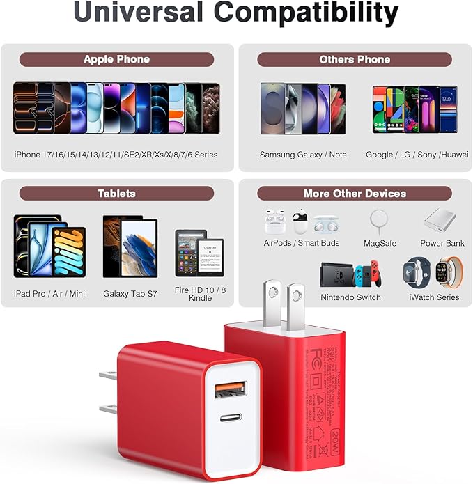2Pieces USB C Wall Charging Block, 20W 2Port Fast USBC PD3.0 Power Adapter Type C Charger Brick Cube Plug for iPhone 13 14 15 16 17 Pro Max Mini 11 XS X 8, iPad, Samsung, Google, Tablet, Android, Red