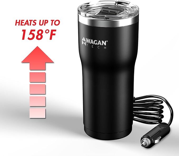 Wagan EL6101 12V Travel Car Heated Mug Portable 16oz Stainless Steel Anti-Spill Lid Slip Resistant Base Car Coffee Warmer Coffee Cup (Black)