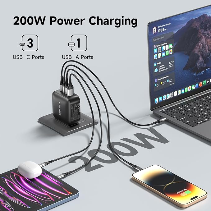200W GaN Wall Charger | 4-Port Fast Charging Station (3xUSB-C PD3.0 + USB-A QC3.0) | Compact Power Adapter for MacBook Pro 16" M3/iPhone 17 Pro Max/Samsung S25 Ultra | UL Certified