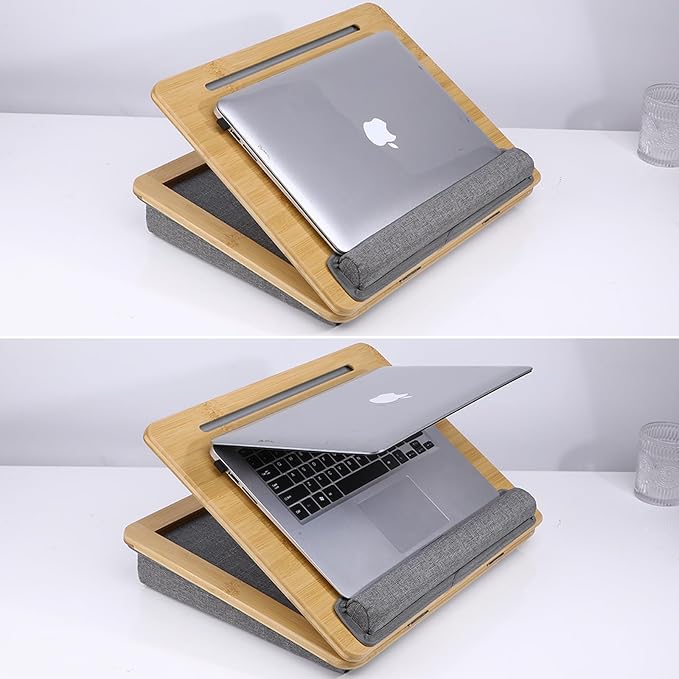 SUMISKY Adjustable Lap Desk-Portable Laptop Stand with Cushion, Bamboo Platform with Phone Holder, Wrist Pad Fits up to 15.6 Inch Laptops